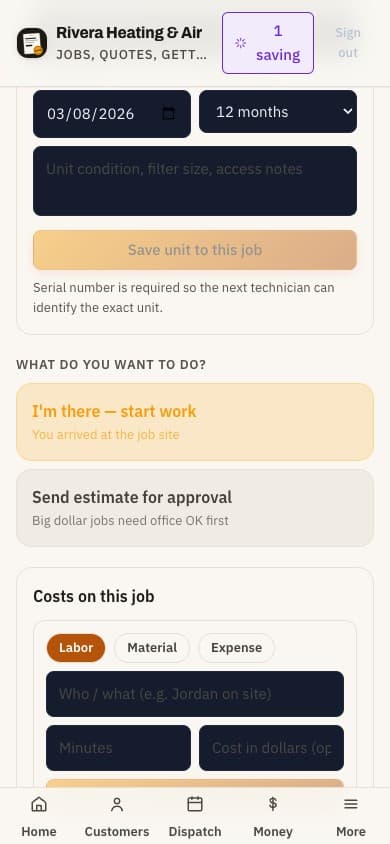 JobCard job screen with no signal: the header reads 1 saving while the change is held on the phone