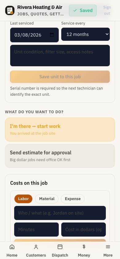 The real JobCard mobile job screen after reconnecting, with the Saved state visible